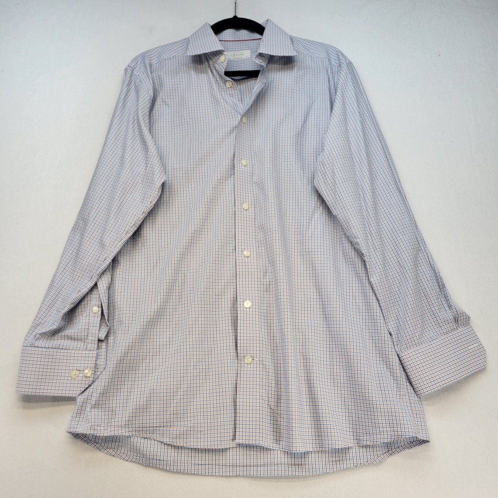 Eton Dress Shirt Mens 16.5/42‎ Blue Orange Check Long Sleeve Cotton Button Up